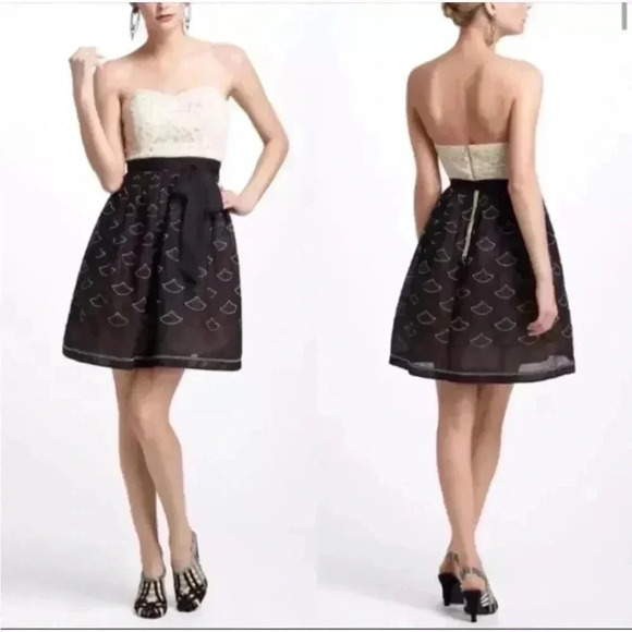 NWT Anthropologie Meadow Rue Womens 8 Lace Dress Black Ivory Strapless - Picture 1 of 9
